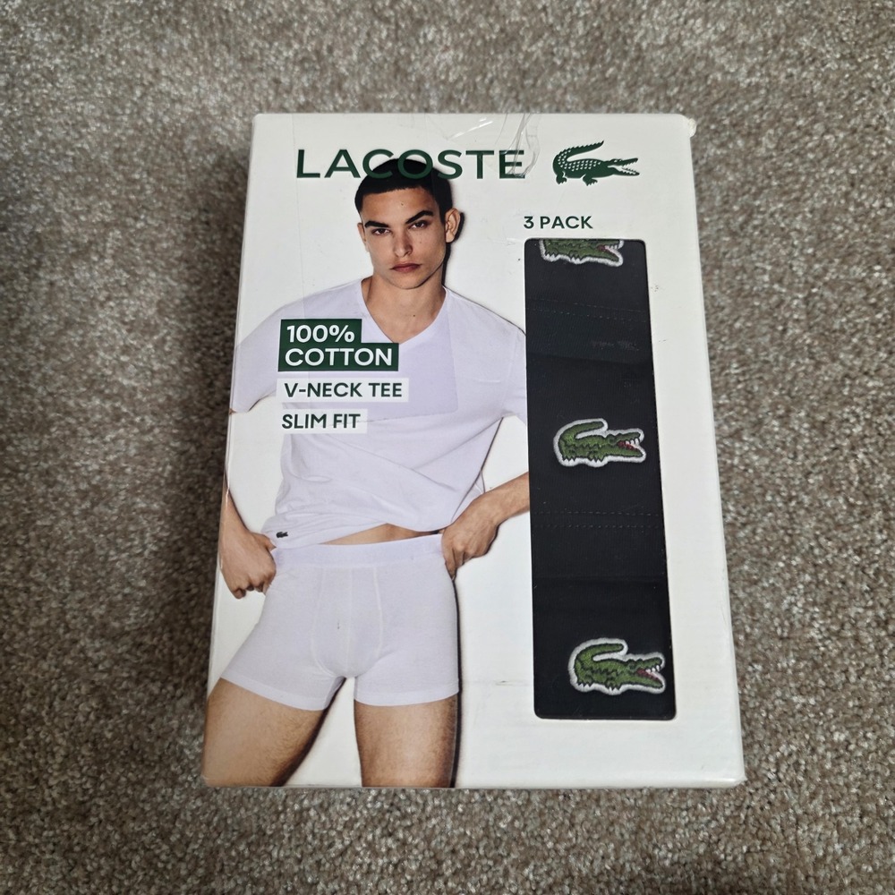 New Lacoste Black T-Shirts Men 3 Pack V-Neck Slim Fit 100% Cotton Logo Layer Sm